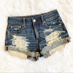 AMERICAN EAGLE HI RISE FESTIVAL DENIM SHORTS DISTRESSED 0